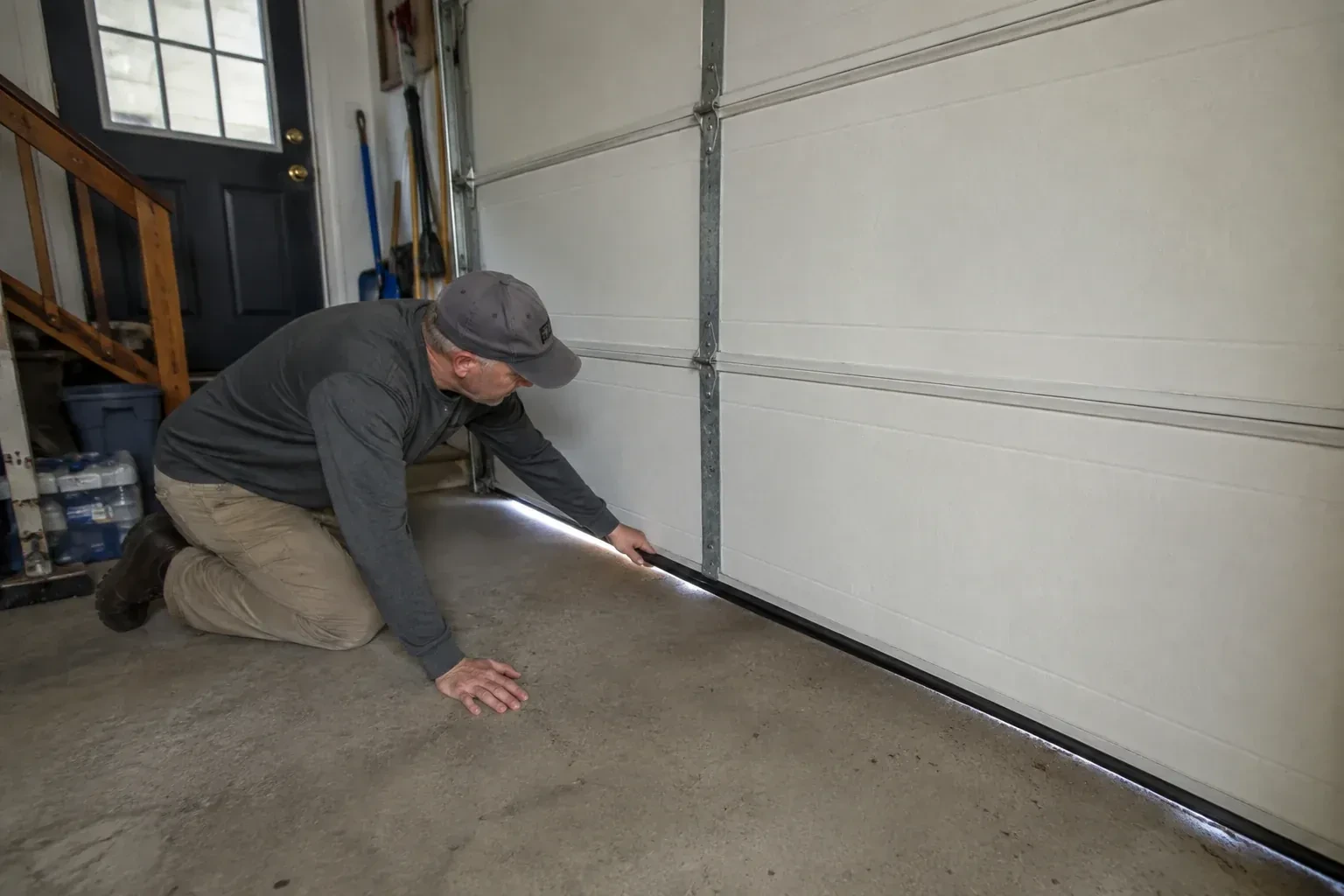 A person kneels beside the black bottom seal of a garage door, with daylight visible beneath the edge. — Garage Door Bottom Seal Replacement, Mississauga