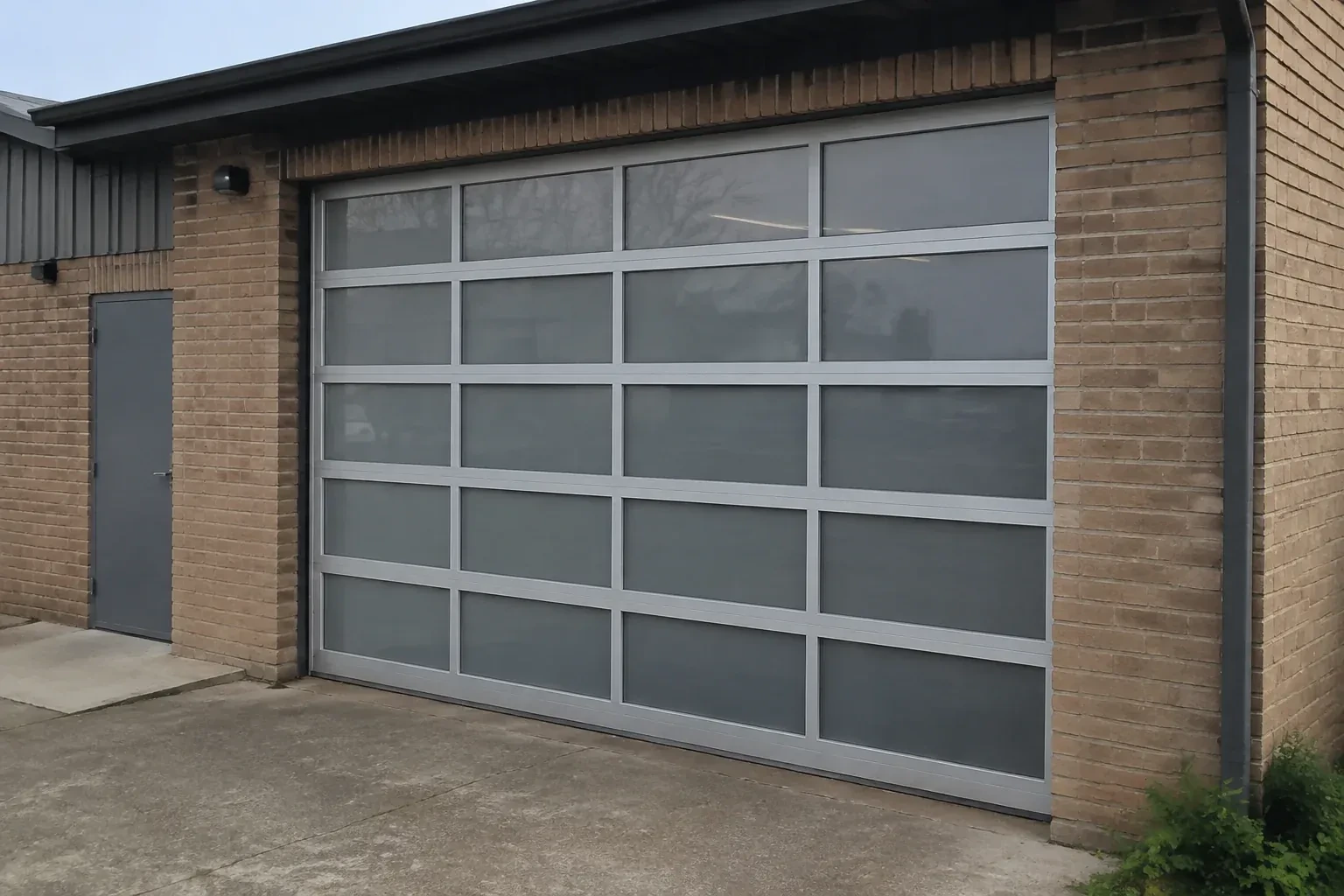 Closed glazed sectional door in a grey metal frame at a brick workshop. — Full-View Glass Garage Door Installation, Mississauga