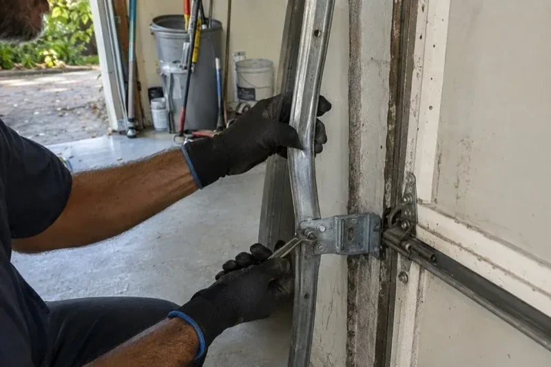 Gloved hands holding a vertical garage-door track and a wrench at its mounting bracket beside a door hinge. — Garage Door Track Repair or Replacement, Mississauga