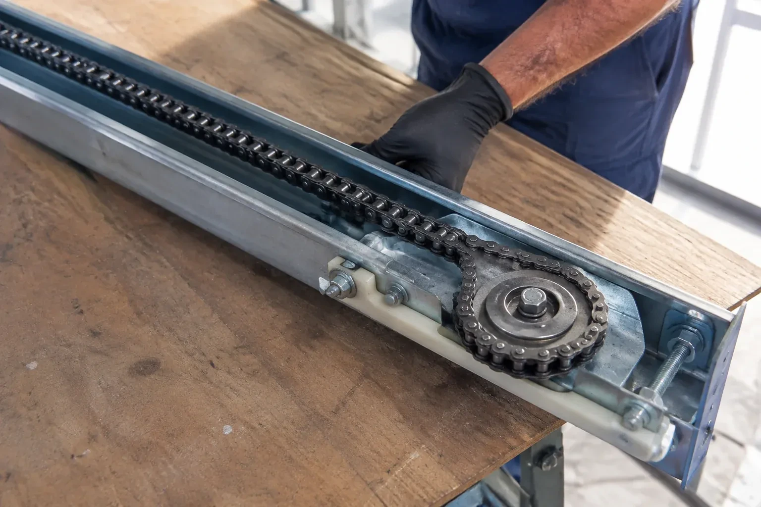 Gloved hand resting on a steel opener rail laid on a wooden bench, showing a drive chain looped around a sprocket wheel. — Chain-Drive Opener Repair, Lorne Park
