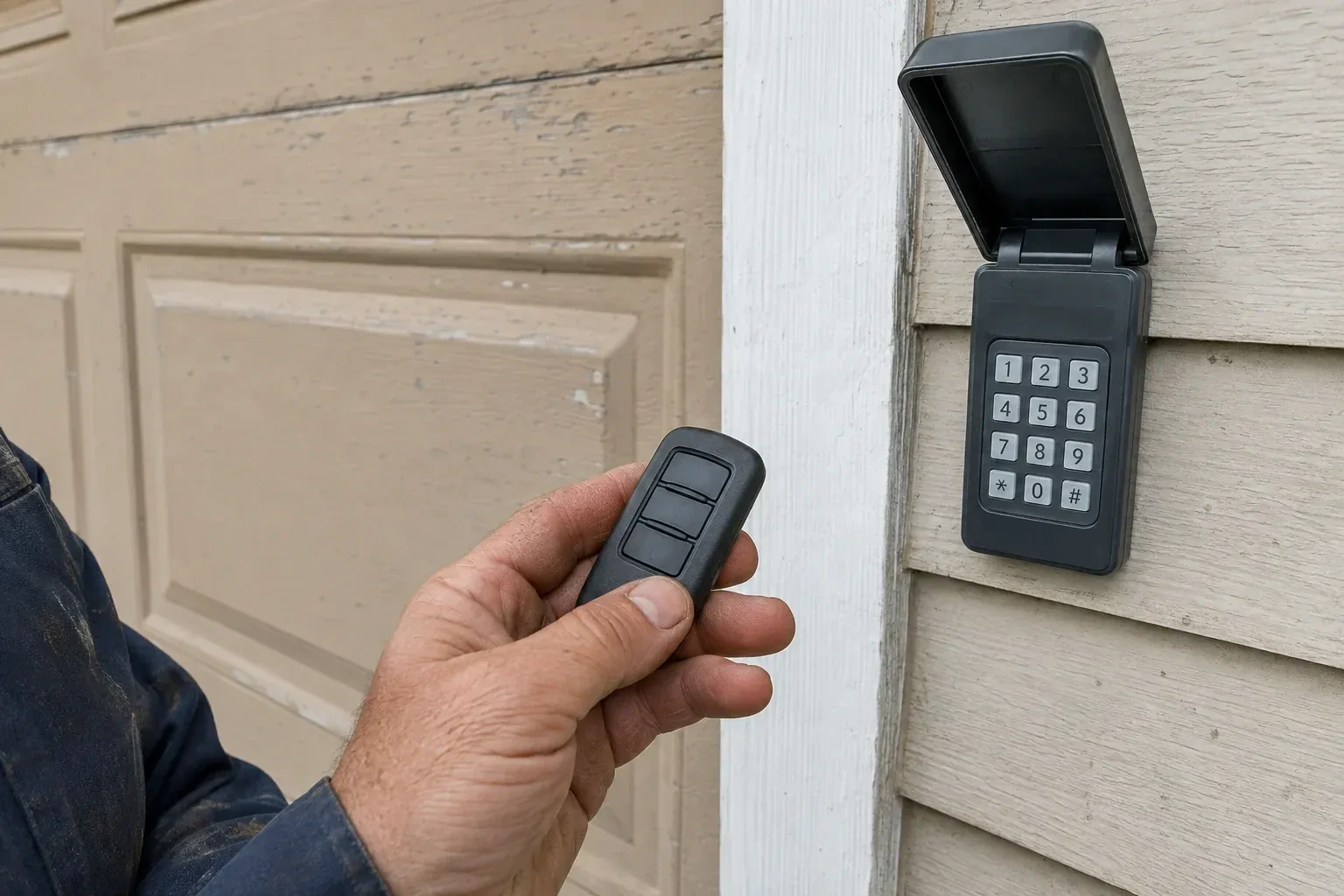 A hand holds a three-button remote beside an exterior garage keypad with its cover open. — Garage Door Remote and Keypad Programming, Mississauga