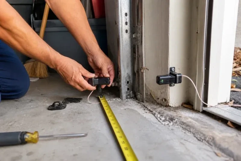 Hands holding a small wired device beside another mounted device and a tape measure at a garage-door opening — Photo-Eye Sensor Alignment or Replacement, Mississauga