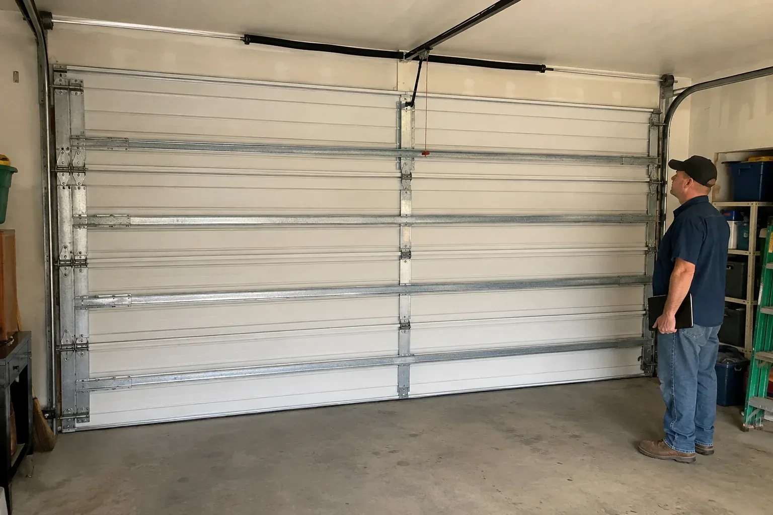 A person examines horizontal metal reinforcement members across the interior of a closed garage door. — Wind-Rated Garage Door Replacement, Mississauga