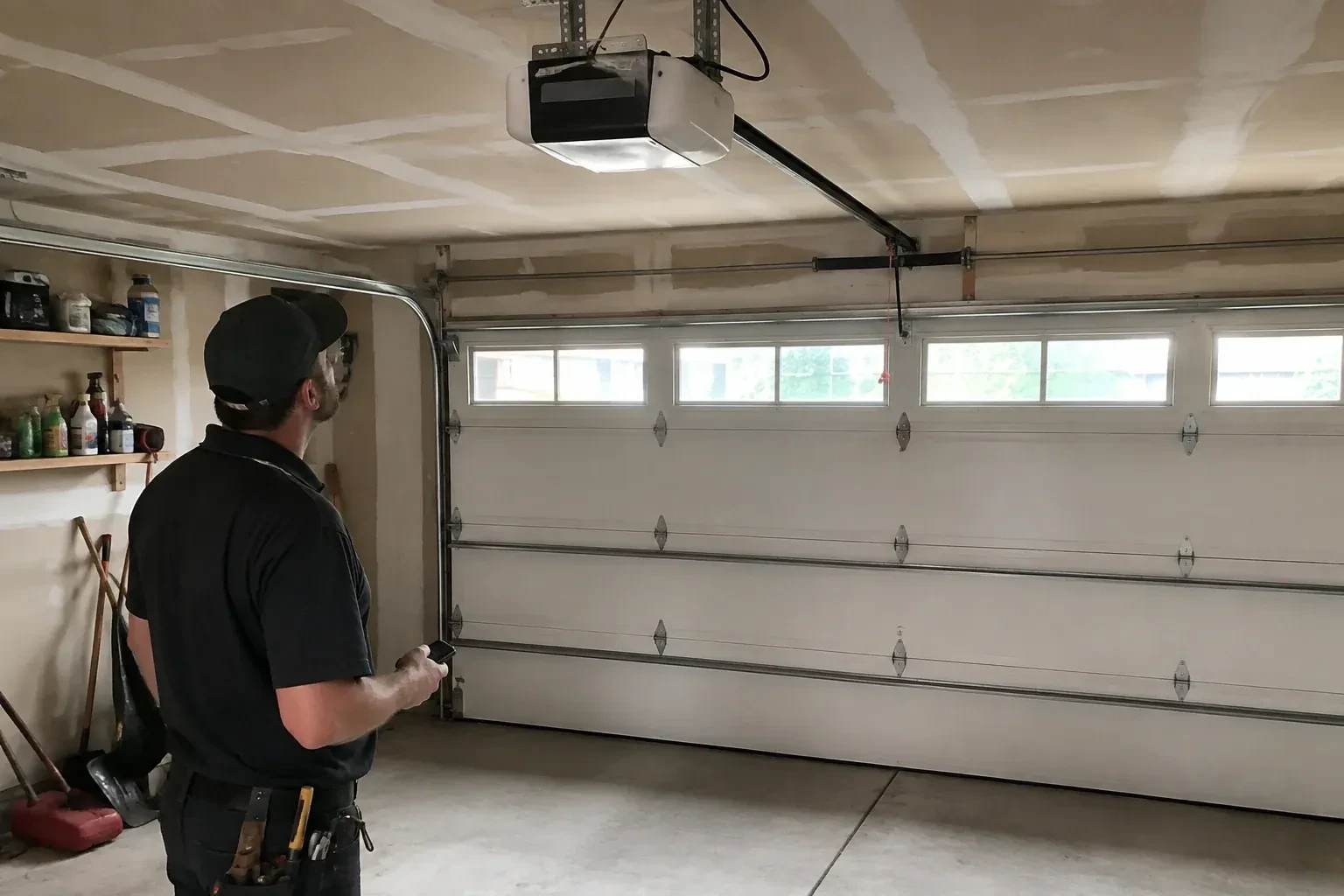 A person looks at an overhead opener above a closed garage door with a row of windows. — Garage Door Opener Replacement, Glen Leven