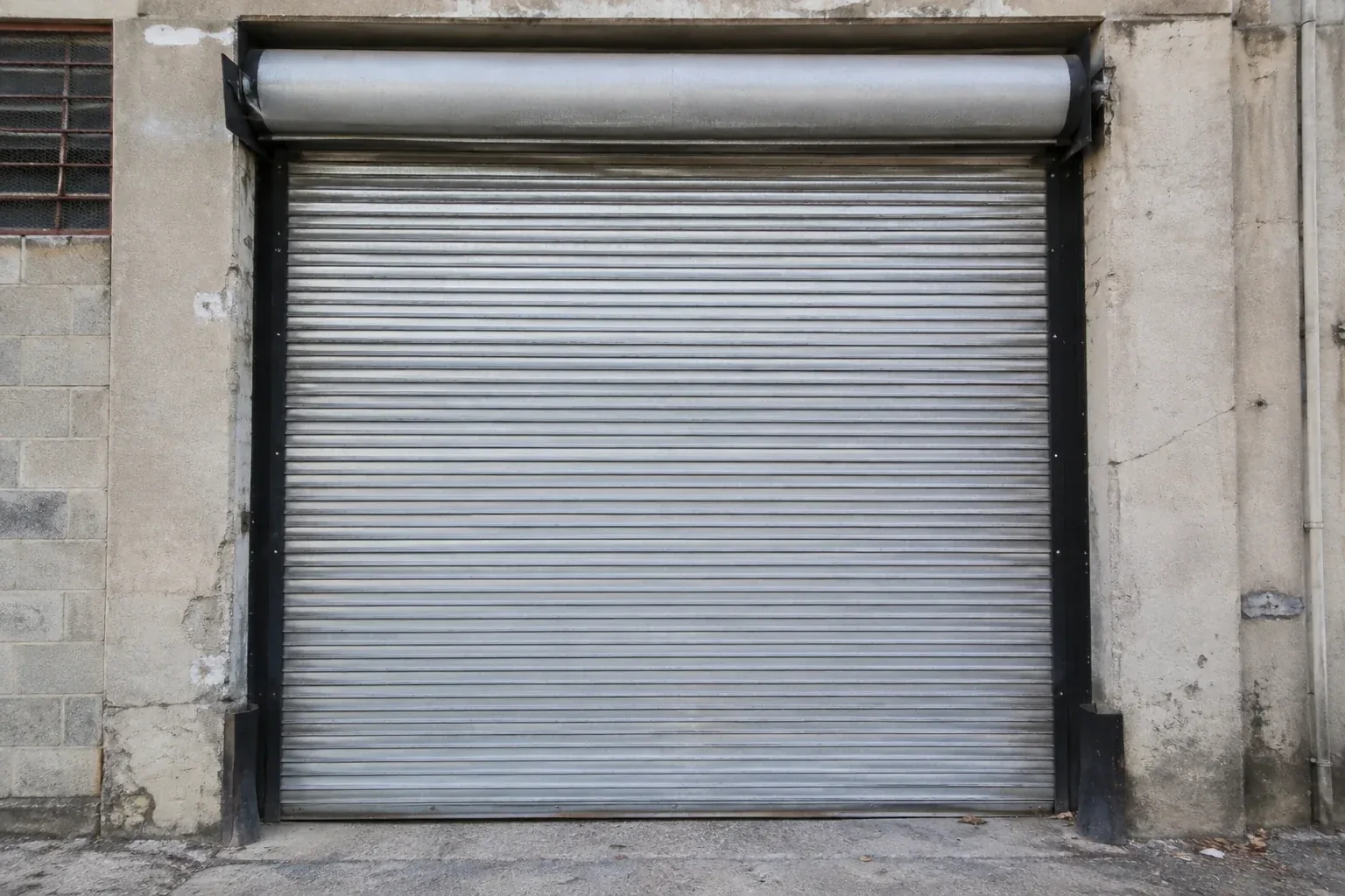 Closed metal rolling shutter in a weathered warehouse opening. — Commercial Rolling Door Repair, Mississauga