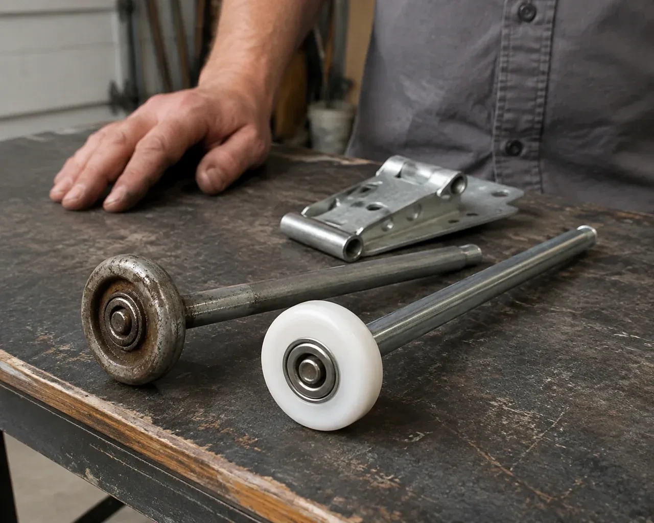 Steel and nylon garage-door rollers with long stems lie beside a detached hinge on a workbench. — Garage Door Roller Replacement, Mississauga