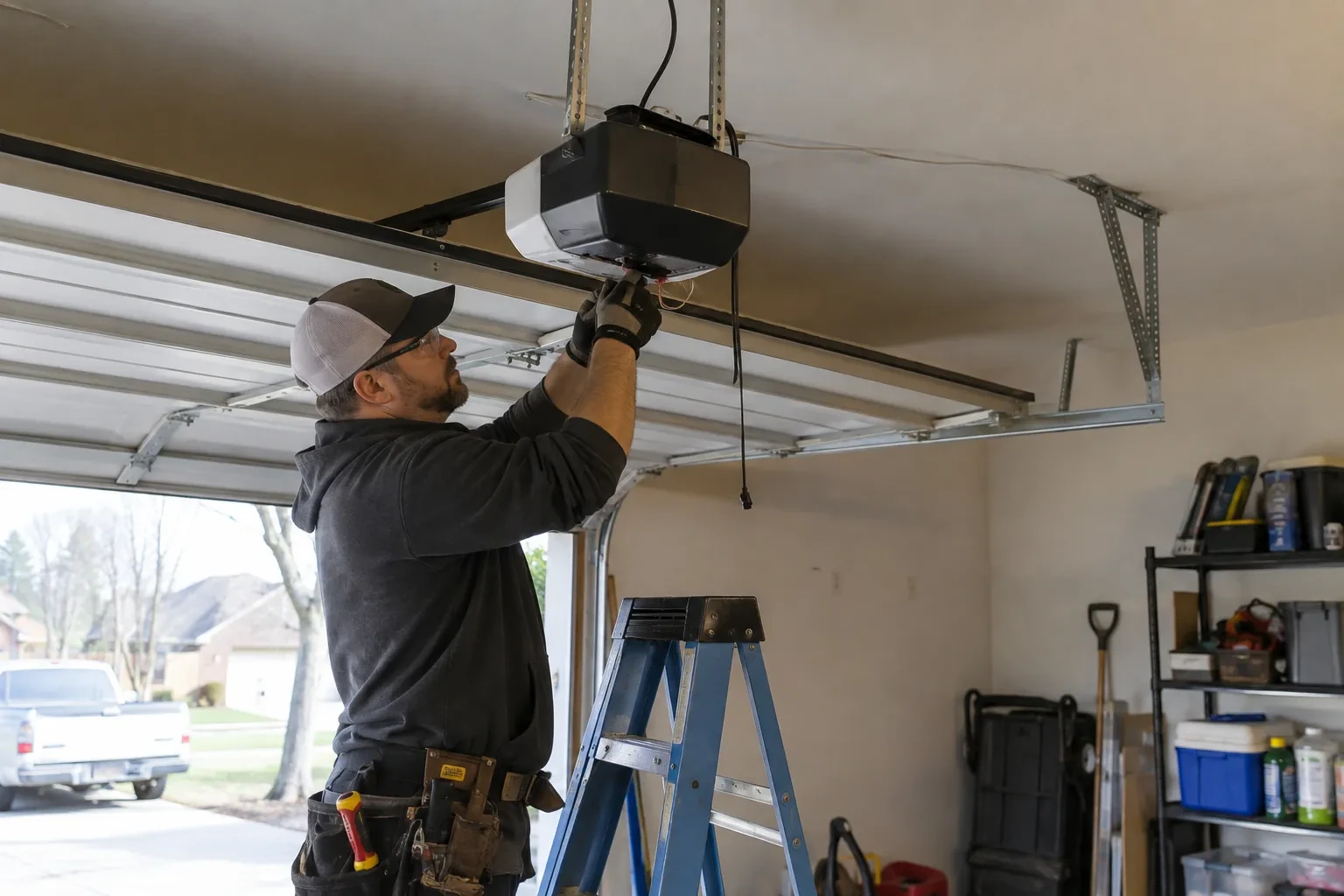 Technician on a blue ladder reaching up to the underside of a hanging opener unit, with a pickup truck outside.
