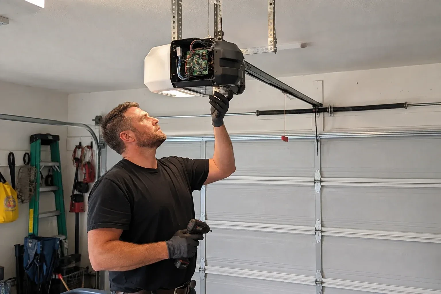 Gloved technician holding a drill and reaching up to an opener housing opened to show a green circuit board. — Belt-Drive Opener Repair, Park Royal