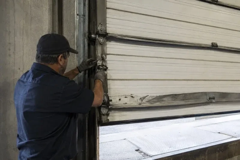 Person holding tools at the side hinge of a partly raised industrial sectional door — Commercial Sectional Door Repair, Mississauga