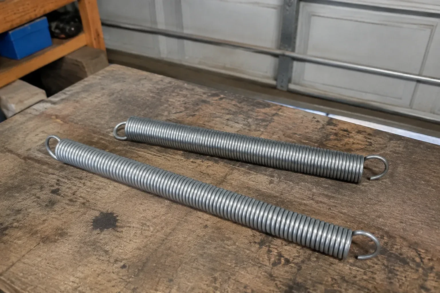 Two detached extension springs with hooked ends on a garage bench. — Extension Spring Replacement, Mississauga
